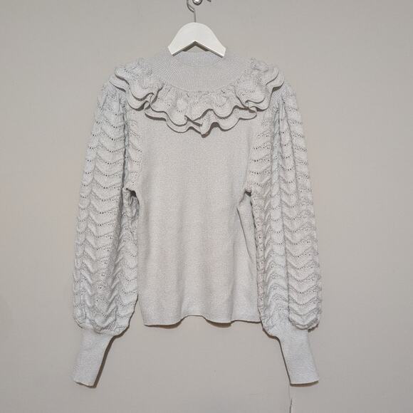 INC International Concepts Silver Metallic Ruffled Puff Sleeve Sweater XL - Picture 3 of 9